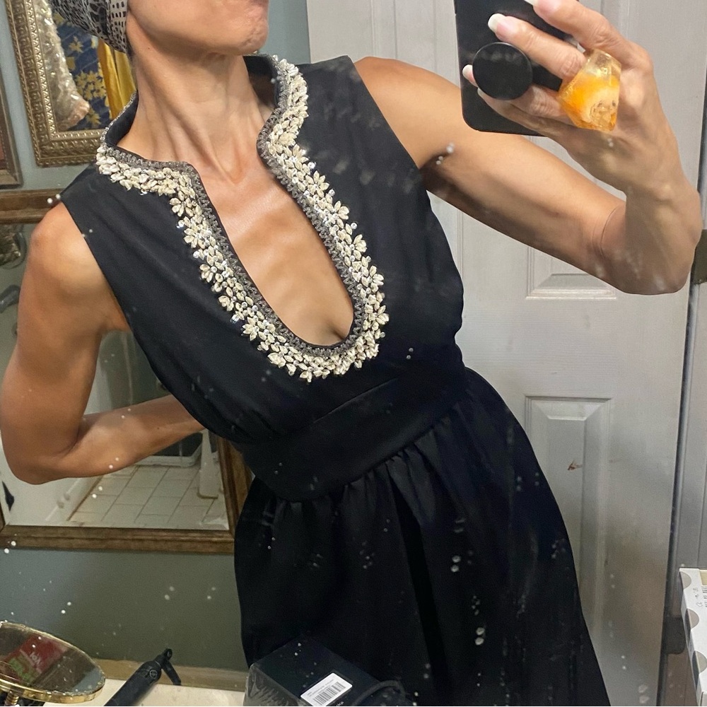 Vintage Dynasty black jeweled plunge neck jumpsuit hostess gown dress palazzo S